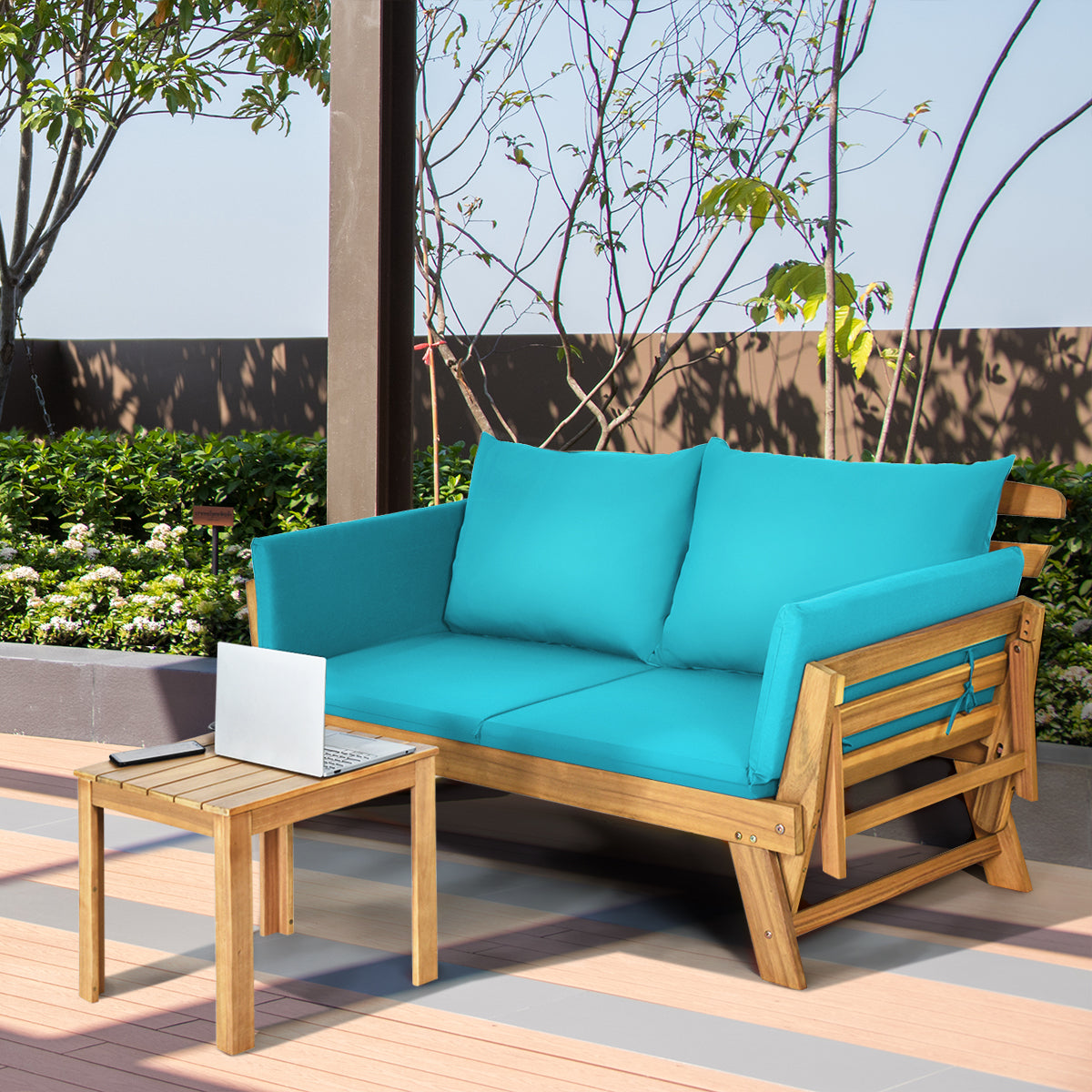 Sofá Cama Convertible de Patio Madera Acacia con Apoyabrazos Ajustable Cojines Almohadas 2 Plazas para Exterior 198 x 75 x 75 cm Turquesa