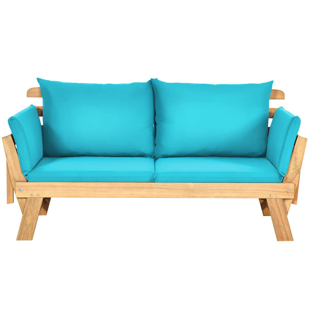 Sofá Cama Convertible de Patio Madera Acacia con Apoyabrazos Ajustable Cojines Almohadas 2 Plazas para Exterior 198 x 75 x 75 cm Turquesa