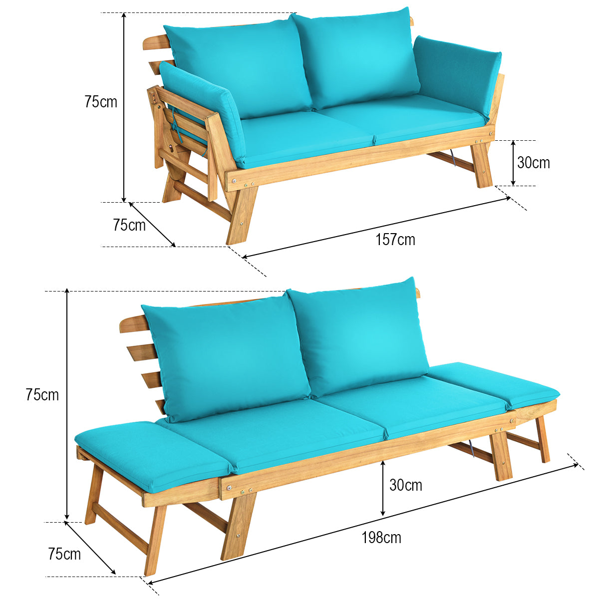 Sofá Cama Convertible de Patio Madera Acacia con Apoyabrazos Ajustable Cojines Almohadas 2 Plazas para Exterior 198 x 75 x 75 cm Turquesa