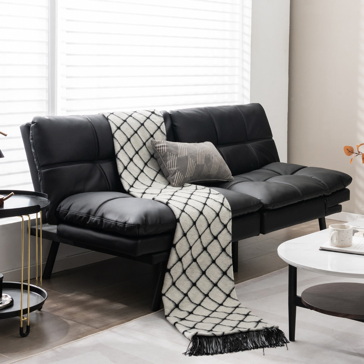 Sofá Cama Plegable de 3 Plazas de PU Futón Convertible de Espuma Viscoelástica con Respaldo Reposabrazos Ajustables para Hogar Oficina Negro