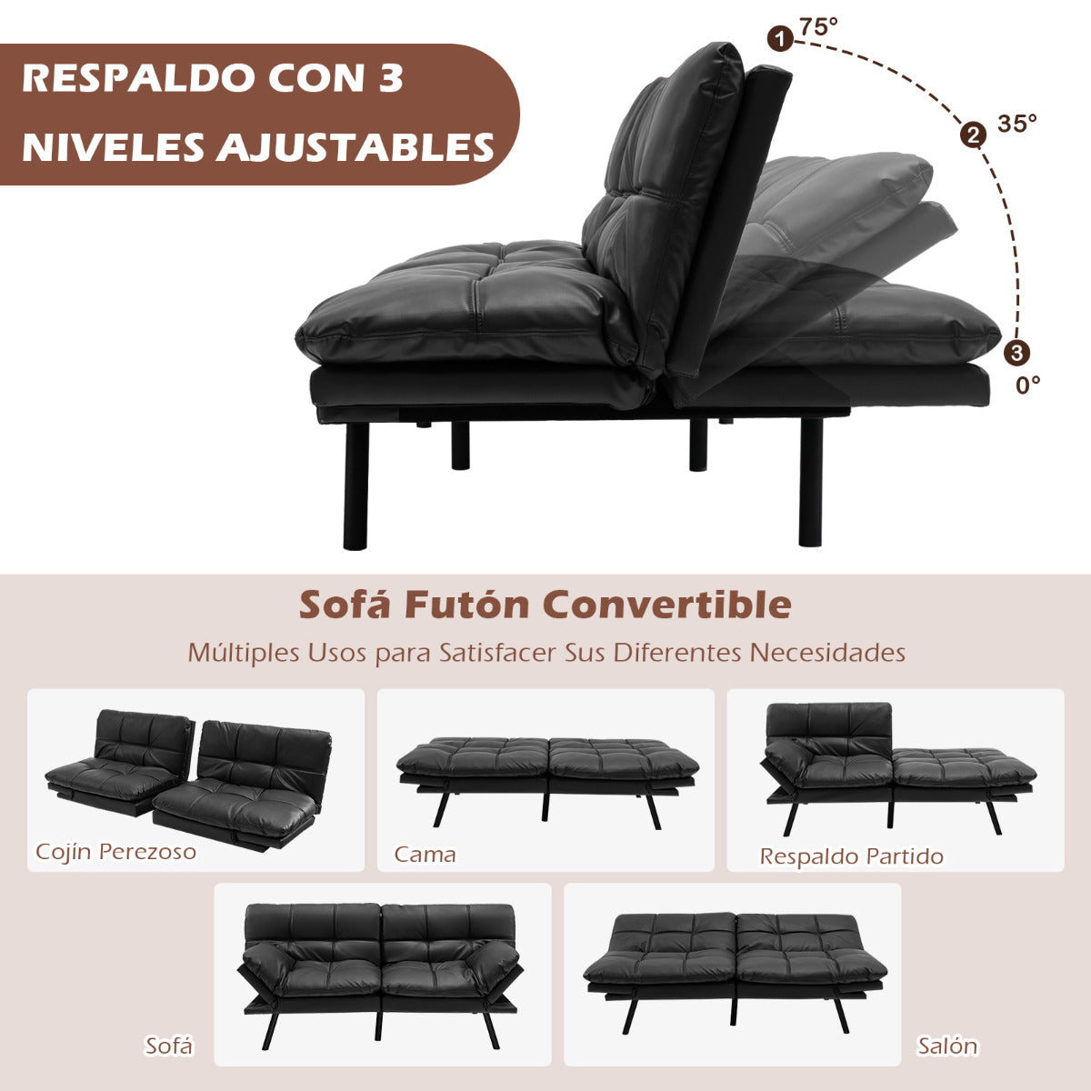 Sofá Cama Plegable de 3 Plazas de PU Futón Convertible de Espuma Viscoelástica con Respaldo Reposabrazos Ajustables para Hogar Oficina Negro