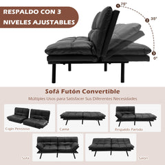Sofá Cama Plegable de 3 Plazas de PU Futón Convertible de Espuma Viscoelástica con Respaldo Reposabrazos Ajustables para Hogar Oficina Negro