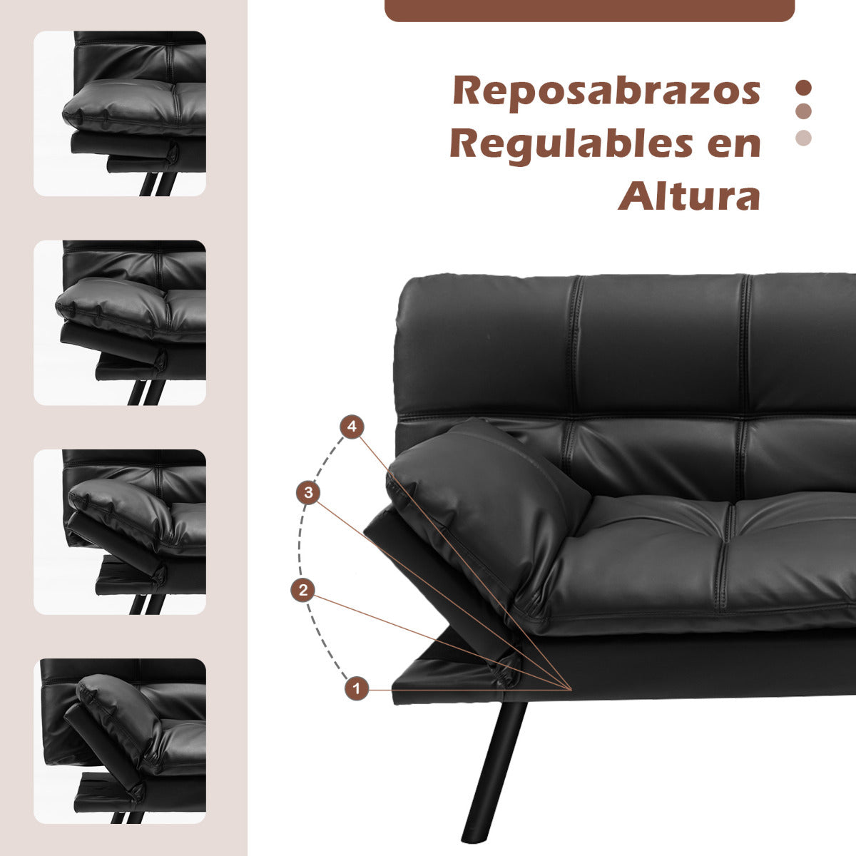 Sofá Cama Plegable de 3 Plazas de PU Futón Convertible de Espuma Viscoelástica con Respaldo Reposabrazos Ajustables para Hogar Oficina Negro