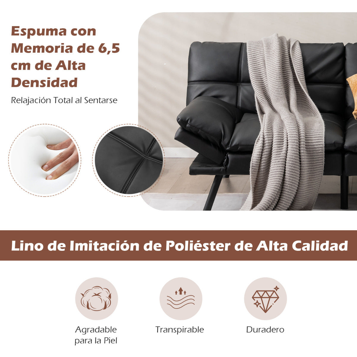 Sofá Cama Plegable de 3 Plazas de PU Futón Convertible de Espuma Viscoelástica con Respaldo Reposabrazos Ajustables para Hogar Oficina Negro