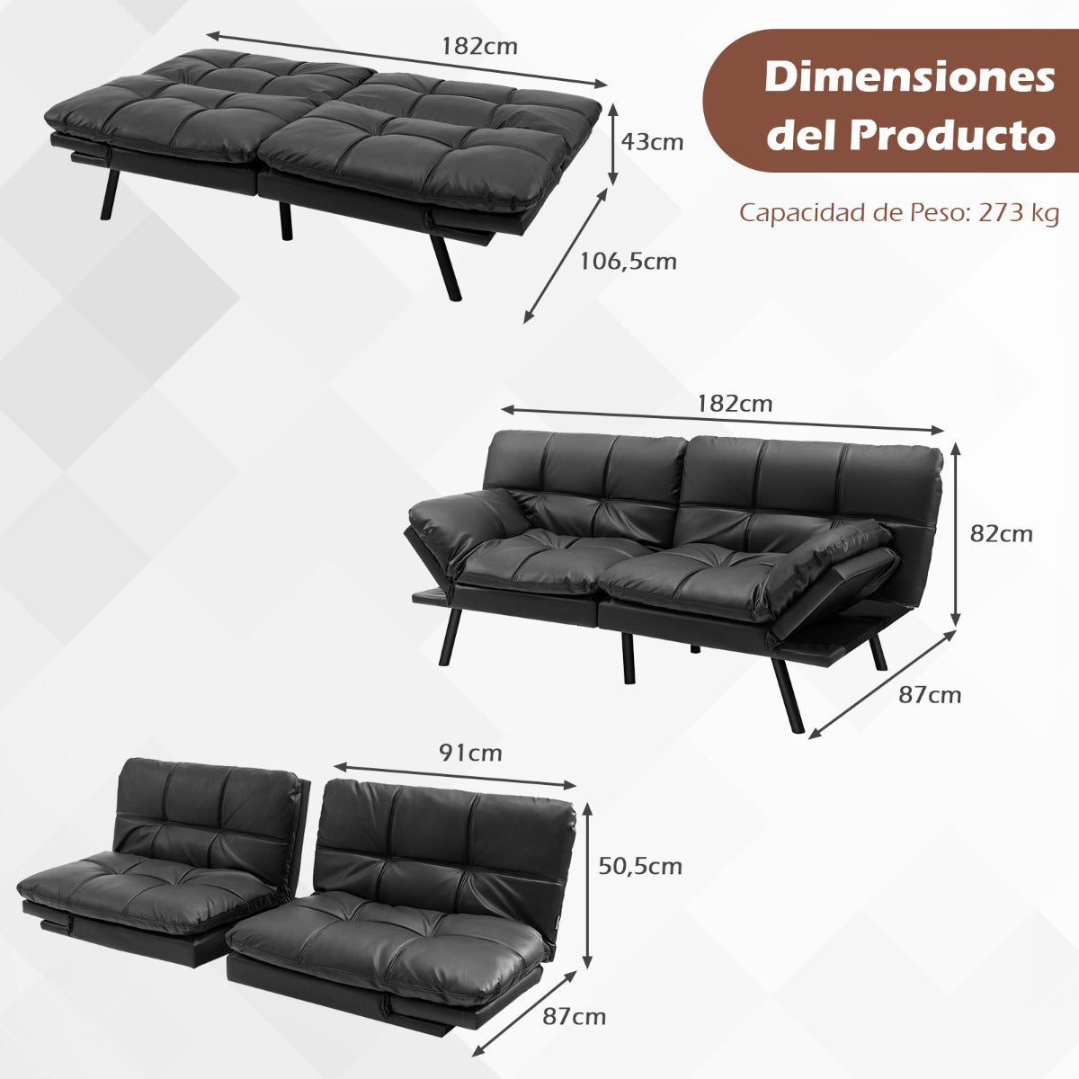 Sofá Cama Plegable de 3 Plazas de PU Futón Convertible de Espuma Viscoelástica con Respaldo Reposabrazos Ajustables para Hogar Oficina Negro