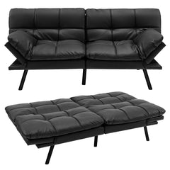 Sofá Cama Plegable de 3 Plazas de PU Futón Convertible de Espuma Viscoelástica con Respaldo Reposabrazos Ajustables para Hogar Oficina Negro
