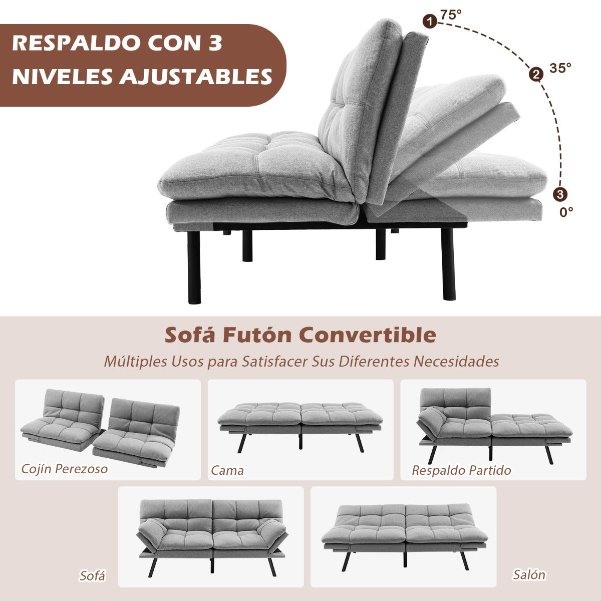 Sofá Cama Plegable de 3 Plazas Futón Convertible de Espuma Viscoelástica con Respaldo y Reposabrazos Ajustables para Hogar y Oficina Gris