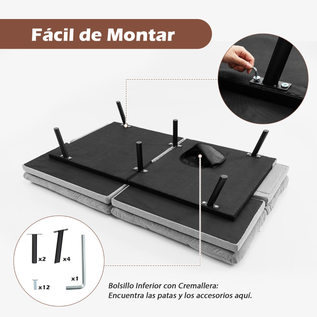 Sofá Cama Plegable de 3 Plazas Futón Convertible de Espuma Viscoelástica con Respaldo y Reposabrazos Ajustables para Hogar y Oficina Gris