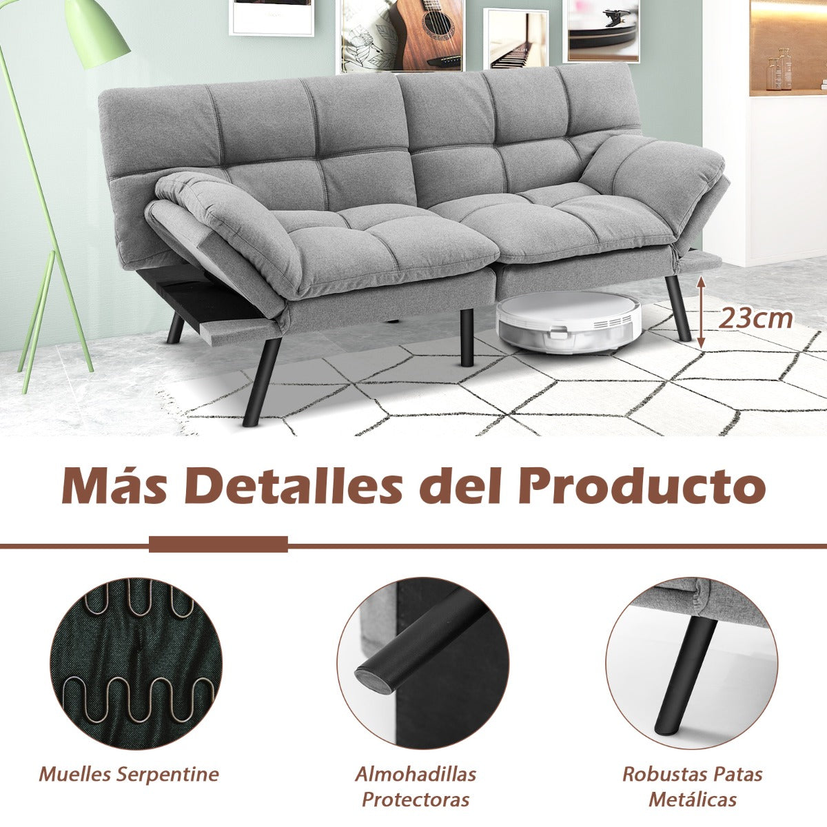 Sofá Cama Plegable de 3 Plazas Futón Convertible de Espuma Viscoelástica con Respaldo y Reposabrazos Ajustables para Hogar y Oficina Gris