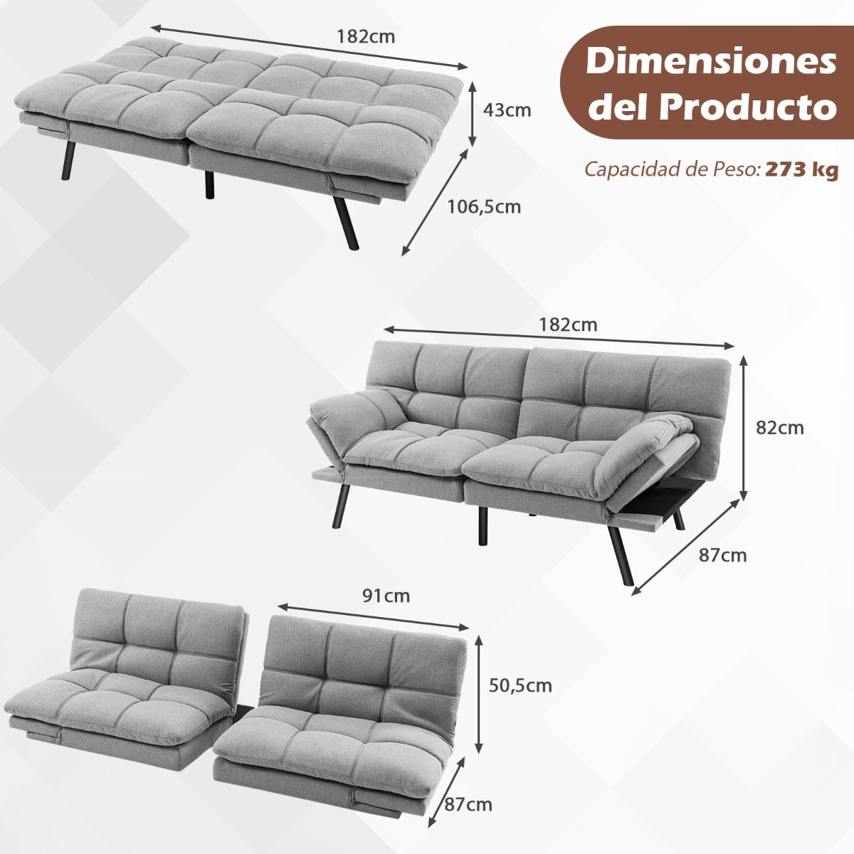 Sofá Cama Plegable de 3 Plazas Futón Convertible de Espuma Viscoelástica con Respaldo y Reposabrazos Ajustables para Hogar y Oficina Gris