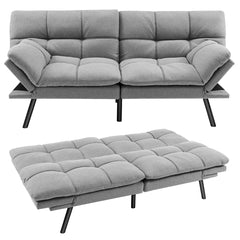 Sofá Cama Plegable de 3 Plazas Futón Convertible de Espuma Viscoelástica con Respaldo y Reposabrazos Ajustables para Hogar y Oficina Gris