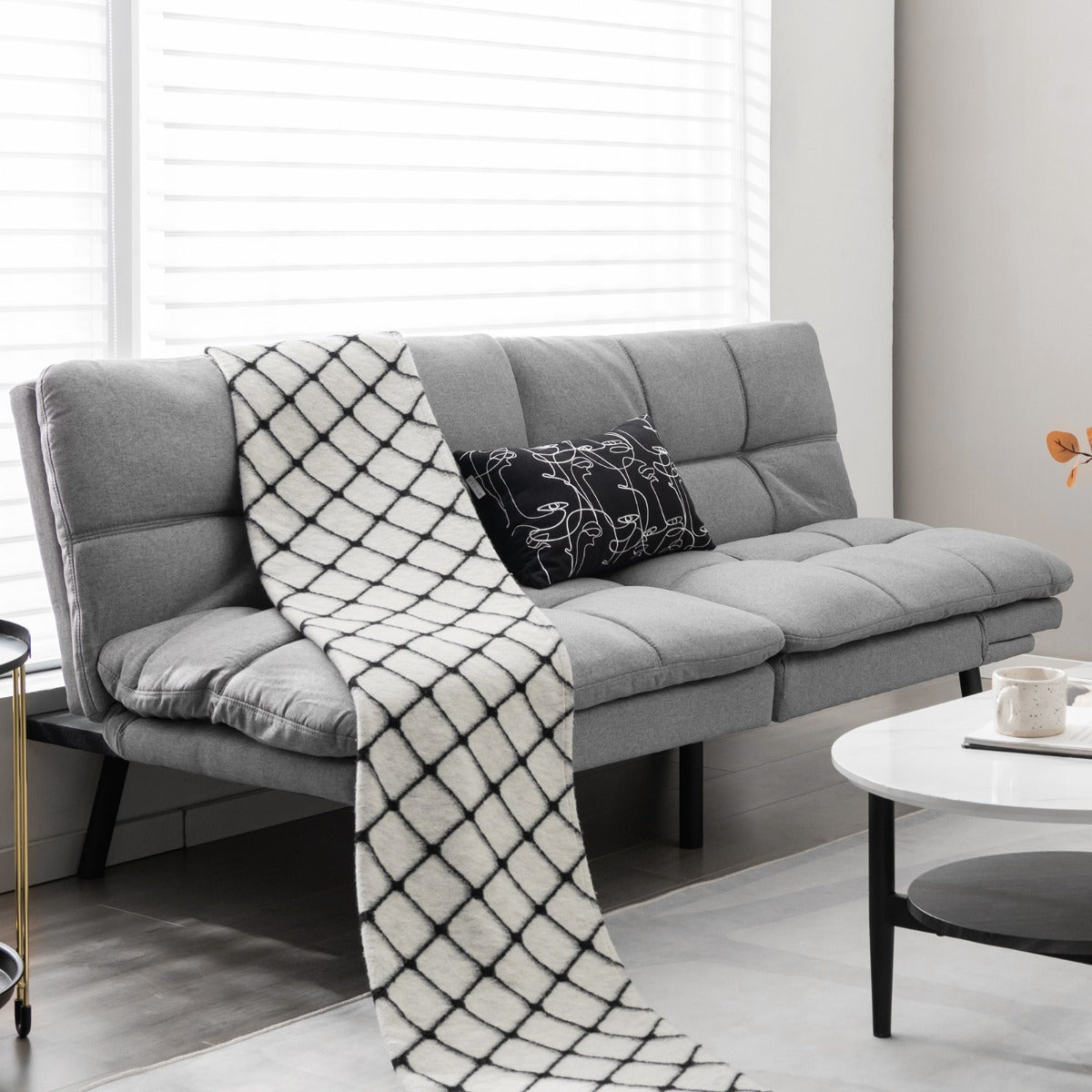 Sofá Cama Plegable de 3 Plazas Futón Convertible de Espuma Viscoelástica con Respaldo y Reposabrazos Ajustables para Hogar y Oficina Gris