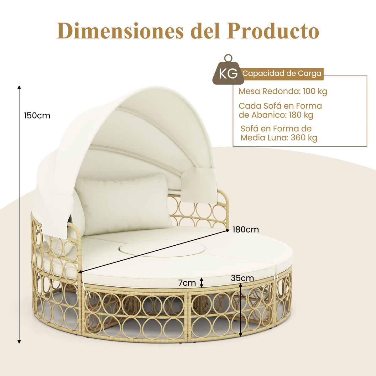 Sofá Cama Redondo para Patio Al Aire Libre con Dosel Retráctil Muebles de Asientos Seccionales Separados de Mimbre de PE con Cojines Suaves