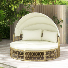 Sofá Cama Redondo para Patio Al Aire Libre con Dosel Retráctil Muebles de Asientos Seccionales Separados de Mimbre de PE con Cojines Suaves