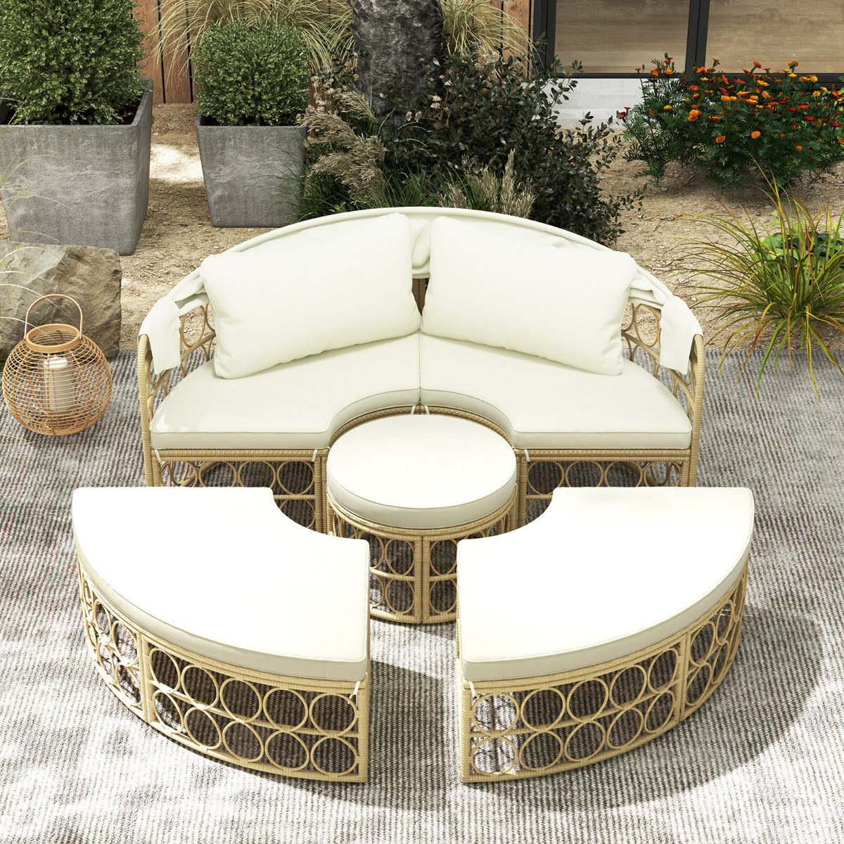 Sofá Cama Redondo para Patio Al Aire Libre con Dosel Retráctil Muebles de Asientos Seccionales Separados de Mimbre de PE con Cojines Suaves