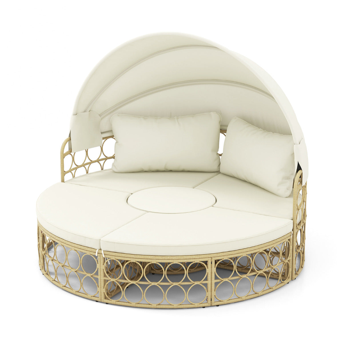 Sofá Cama Redondo para Patio Al Aire Libre con Dosel Retráctil Muebles de Asientos Seccionales Separados de Mimbre de PE con Cojines Suaves