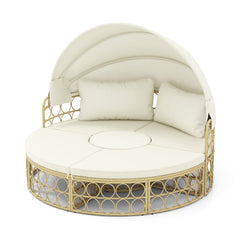 Sofá Cama Redondo para Patio Al Aire Libre con Dosel Retráctil Muebles de Asientos Seccionales Separados de Mimbre de PE con Cojines Suaves