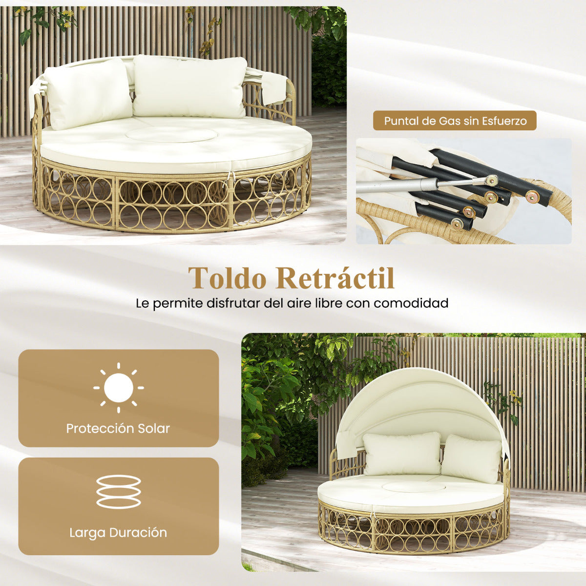 Sofá Cama Redondo para Patio Al Aire Libre con Dosel Retráctil Muebles de Asientos Seccionales Separados de Mimbre de PE con Cojines Suaves