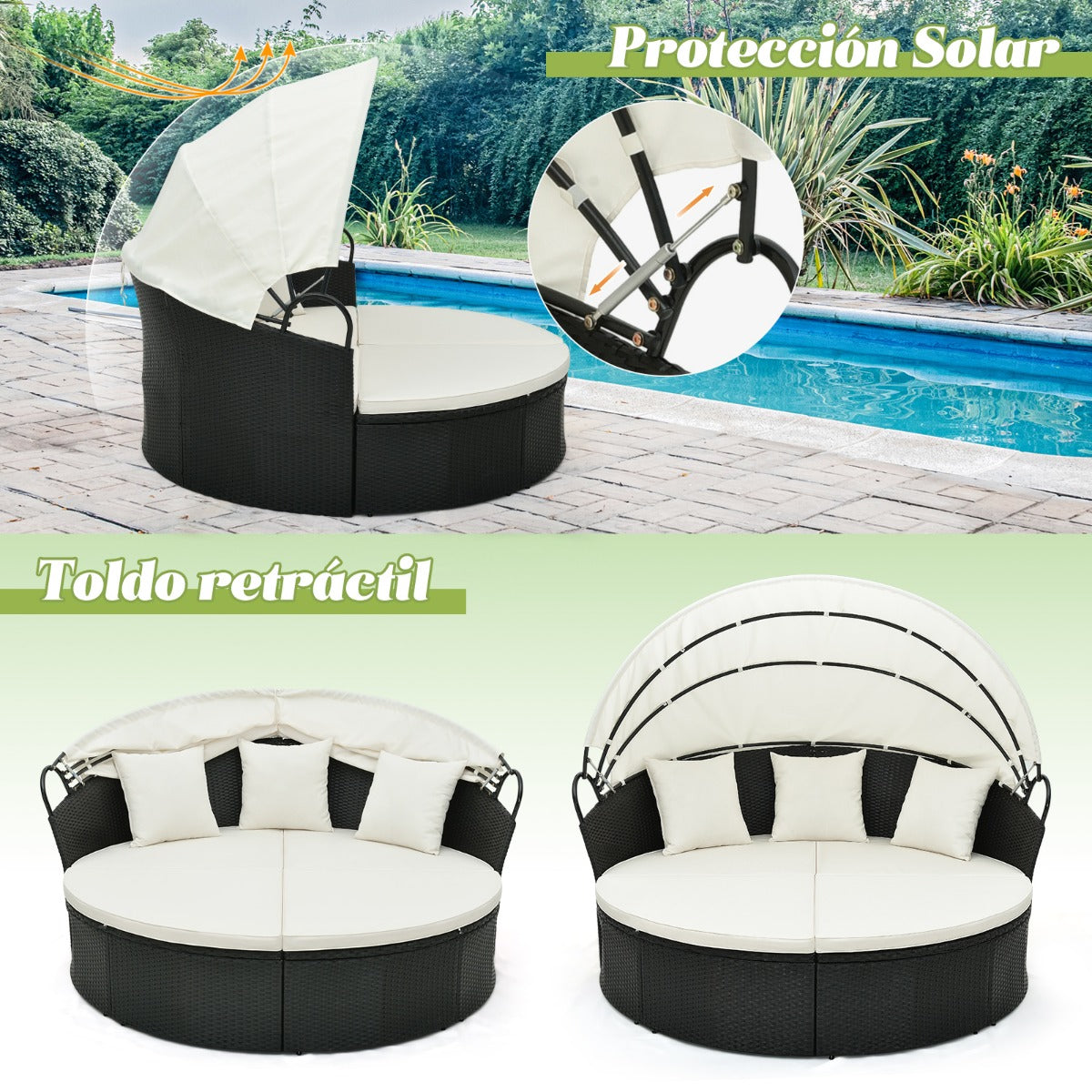 Sofá Cama Redondo Para Patio de Mimbre con Dosel Retráctil Cojines y Almohadas 187 x 180 x 157 cm Blanco y Negro