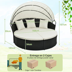 Sofá Cama Redondo Para Patio de Mimbre con Dosel Retráctil Cojines y Almohadas 187 x 180 x 157 cm Blanco y Negro
