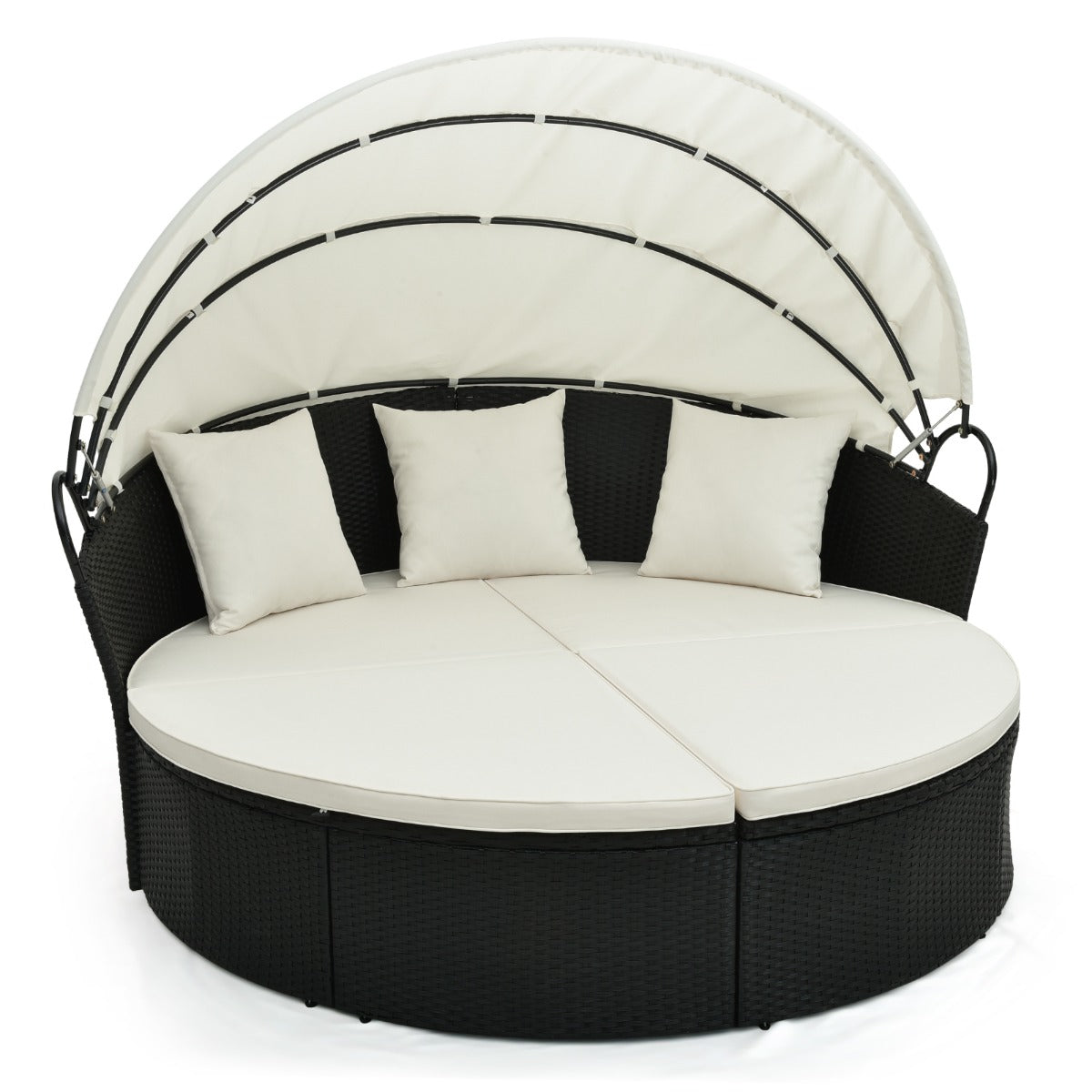 Sofá Cama Redondo Para Patio de Mimbre con Dosel Retráctil Cojines y Almohadas 187 x 180 x 157 cm Blanco y Negro