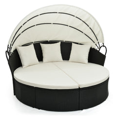 Sofá Cama Redondo Para Patio de Mimbre con Dosel Retráctil Cojines y Almohadas 187 x 180 x 157 cm Blanco y Negro