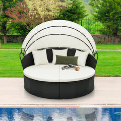 Sofá Cama Redondo Para Patio de Mimbre con Dosel Retráctil Cojines y Almohadas 187 x 180 x 157 cm Blanco y Negro