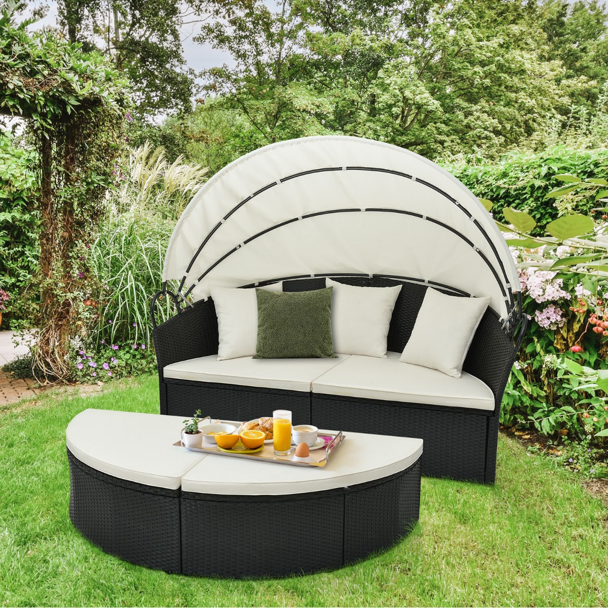 Sofá Cama Redondo Para Patio de Mimbre con Dosel Retráctil Cojines y Almohadas 187 x 180 x 157 cm Blanco y Negro