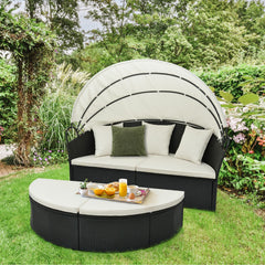 Sofá Cama Redondo Para Patio de Mimbre con Dosel Retráctil Cojines y Almohadas 187 x 180 x 157 cm Blanco y Negro