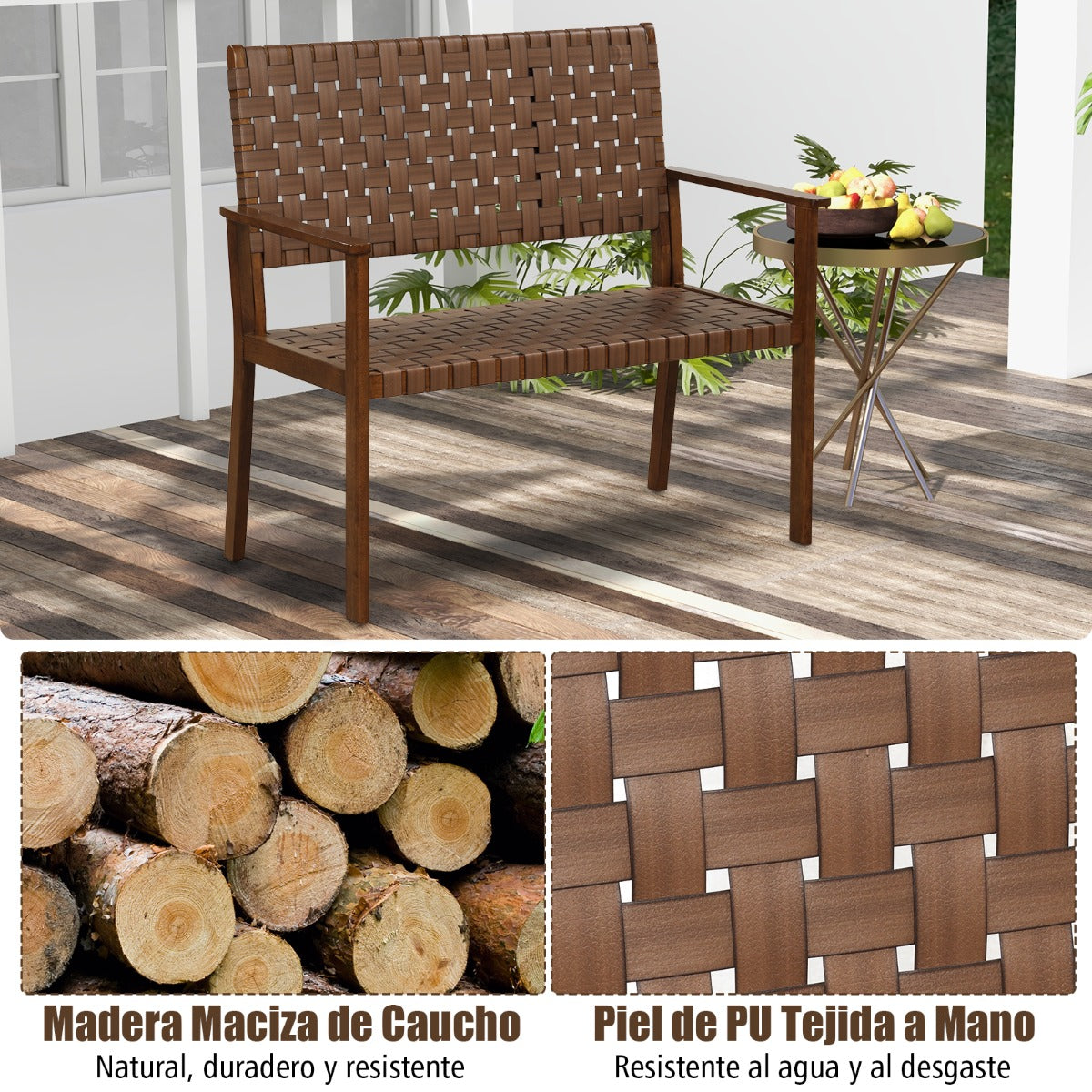 Banco de Jardín Exterior con Marco de Madera de Caucho y Cuero PU Banco Terraza de 2 Plazas para Patio y Piscina 108 x 57 x 101 cm Natural