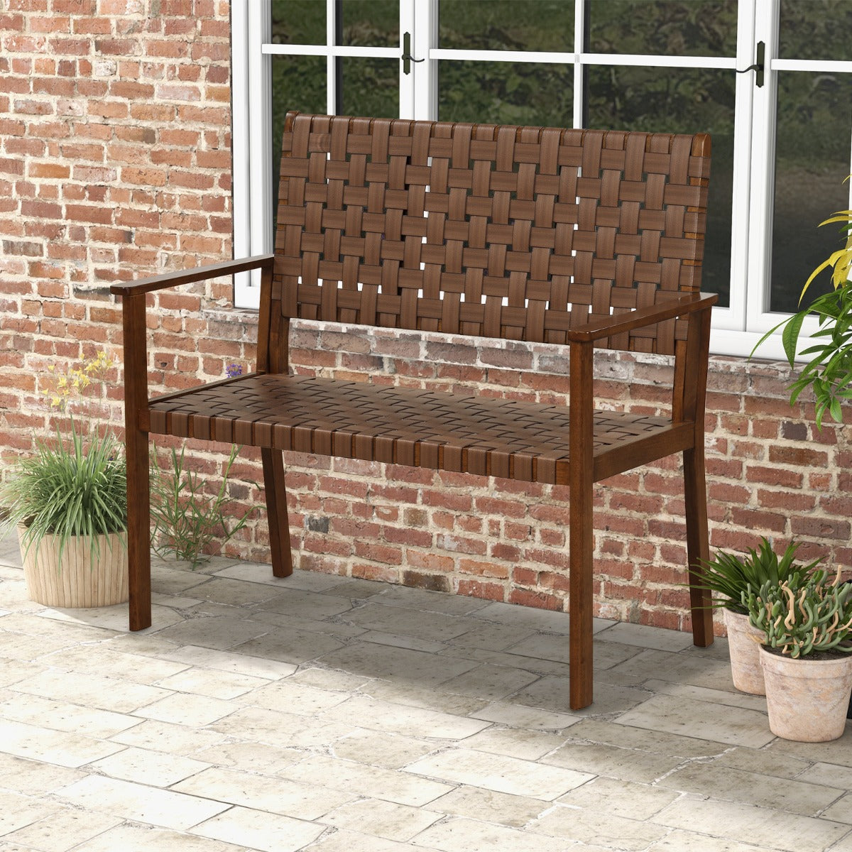 Banco de Jardín Exterior con Marco de Madera de Caucho y Cuero PU Banco Terraza de 2 Plazas para Patio y Piscina 108 x 57 x 101 cm Natural