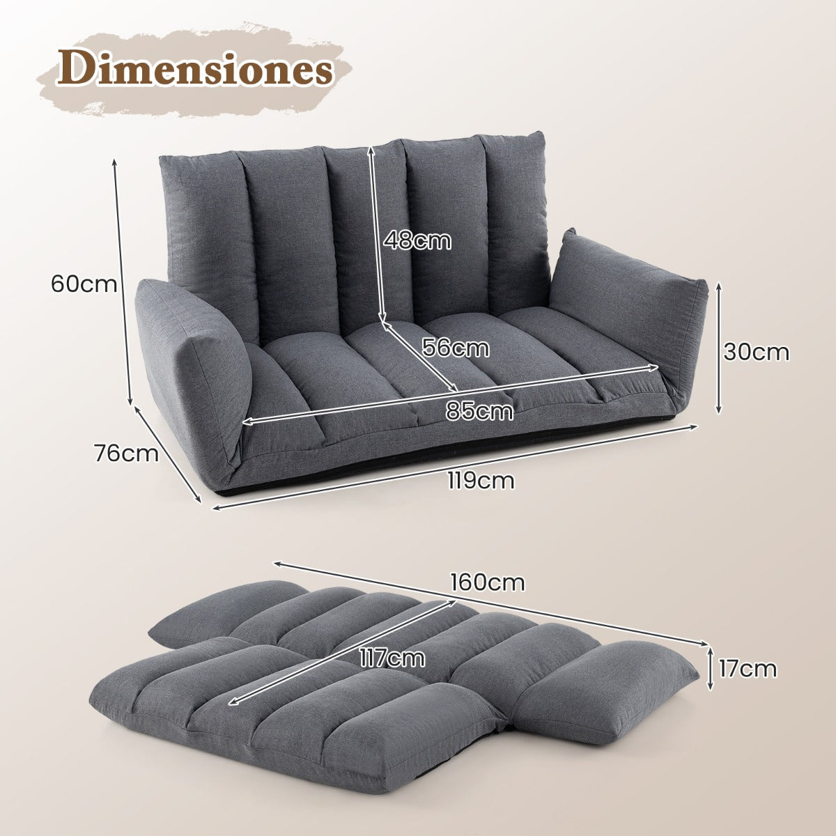 Sofá de Suelo Plegable Sillón Reclinable Tapizado con Respaldo y Reposabrazos Ajustables Asiento Acolchado para Juegos Salón Dormitorio Gris