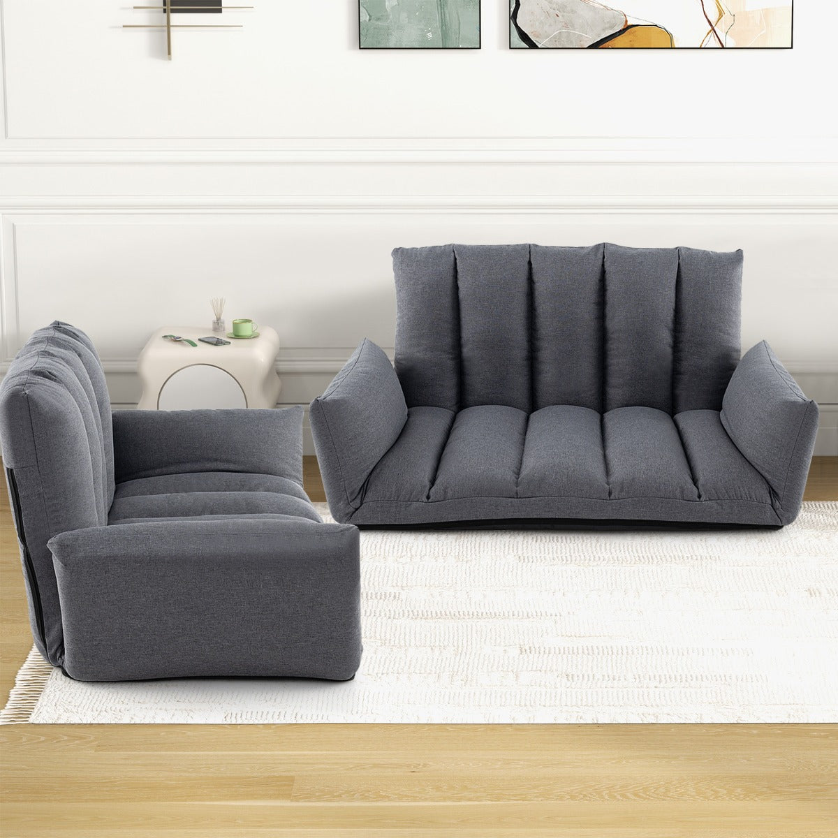 Sofá de Suelo Plegable Sillón Reclinable Tapizado con Respaldo y Reposabrazos Ajustables Asiento Acolchado para Juegos Salón Dormitorio Gris