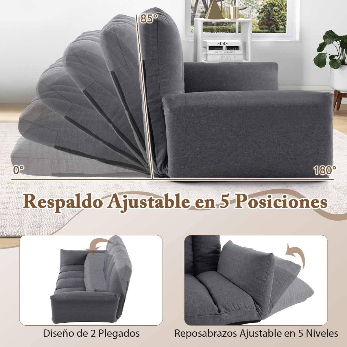 Sofá de Suelo Plegable Sillón Reclinable Tapizado con Respaldo y Reposabrazos Ajustables Asiento Acolchado para Juegos Salón Dormitorio Gris