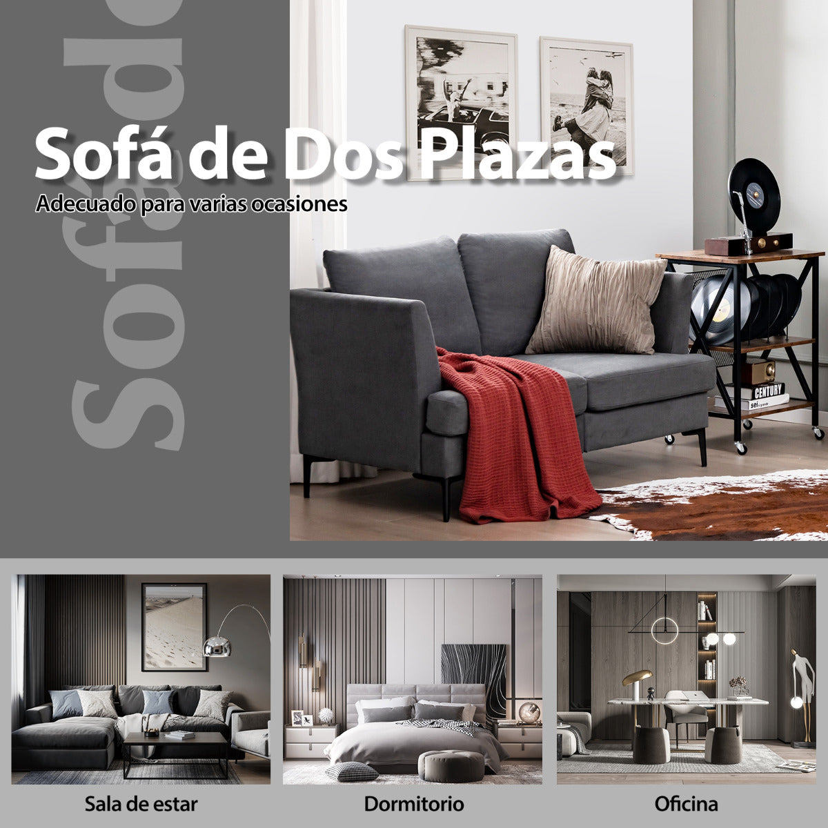Sofá Loveseat Moderna de Dos Plazas Tapizado con Cojines de Respaldo Desmontables para Salón Apartamento Oficina 141 x 80 x 72 cm Gris