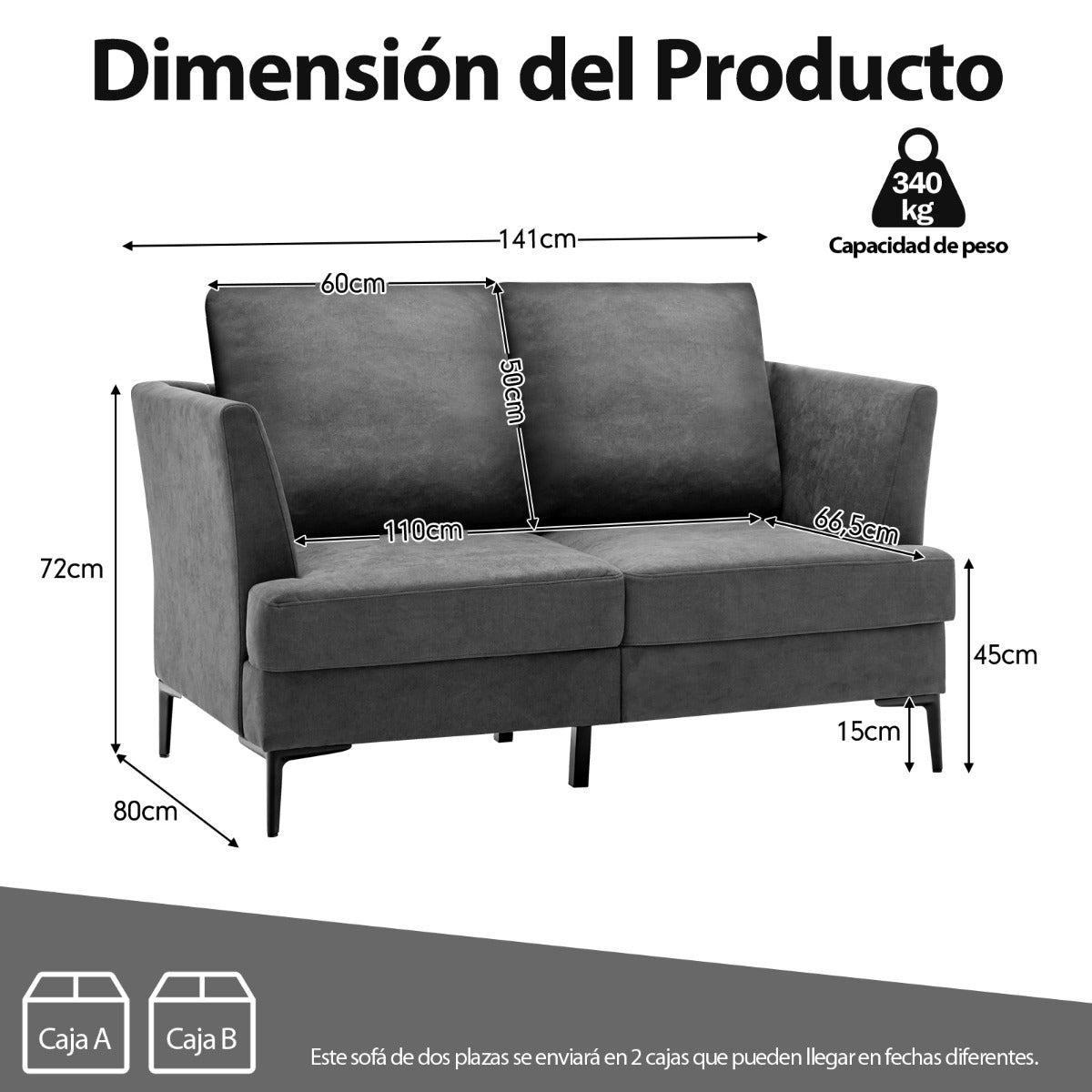 Sofá Loveseat Moderna de Dos Plazas Tapizado con Cojines de Respaldo Desmontables para Salón Apartamento Oficina 141 x 80 x 72 cm Gris