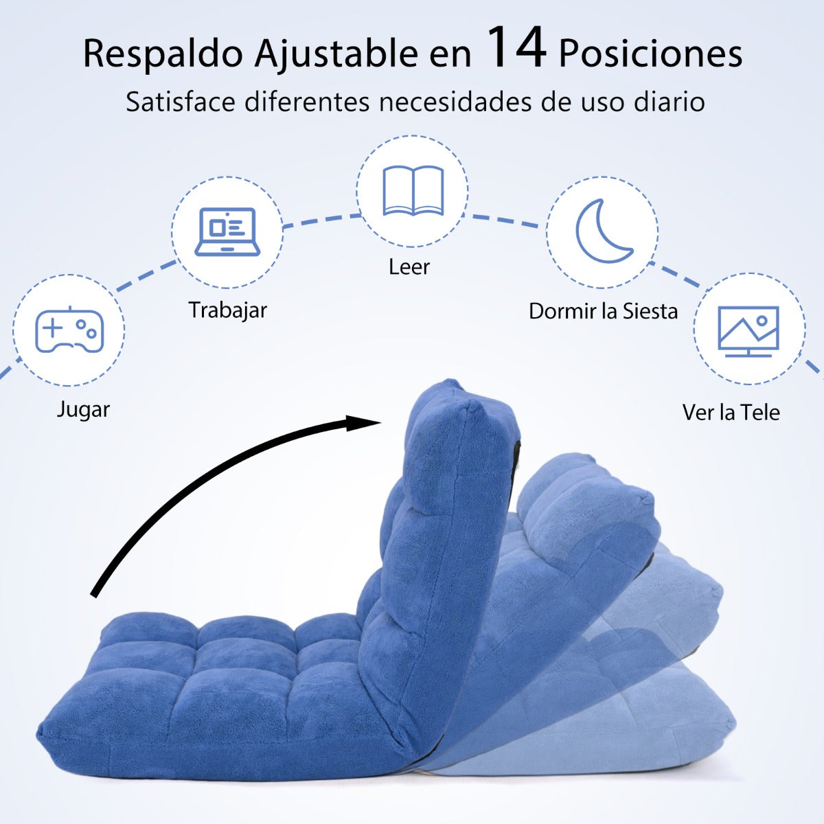 Sofá Perezoso Sofá Plegable Respaldo Ajustable 14 Posiciones Silla de Dormitorio Sala 105 x 56 x 15 cm Azul