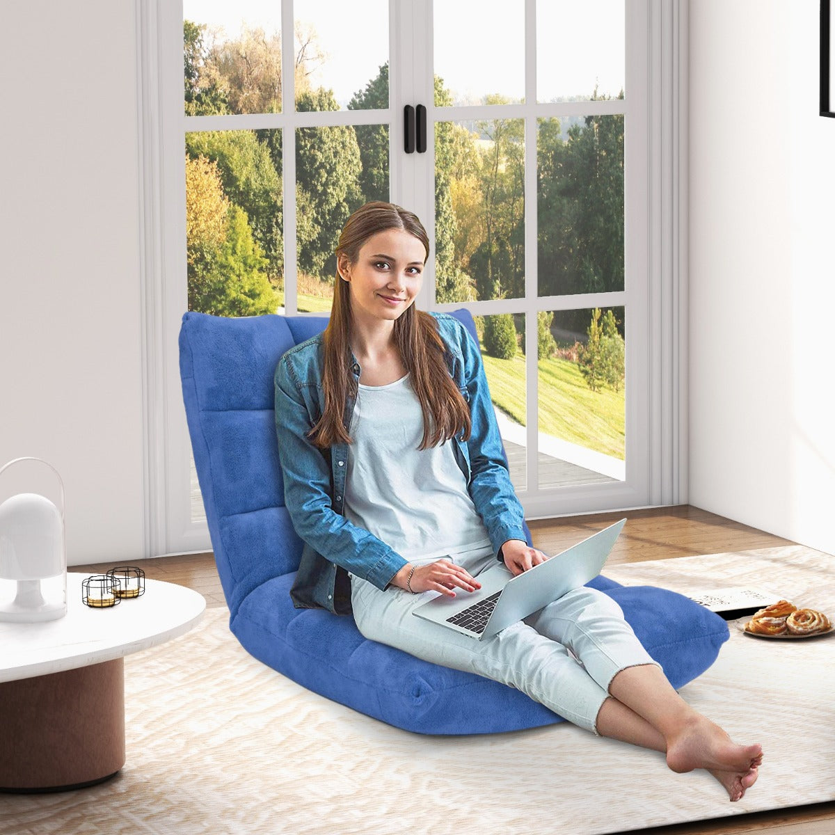 Sofá Perezoso Sofá Plegable Respaldo Ajustable 14 Posiciones Silla de Dormitorio Sala 105 x 56 x 15 cm Azul