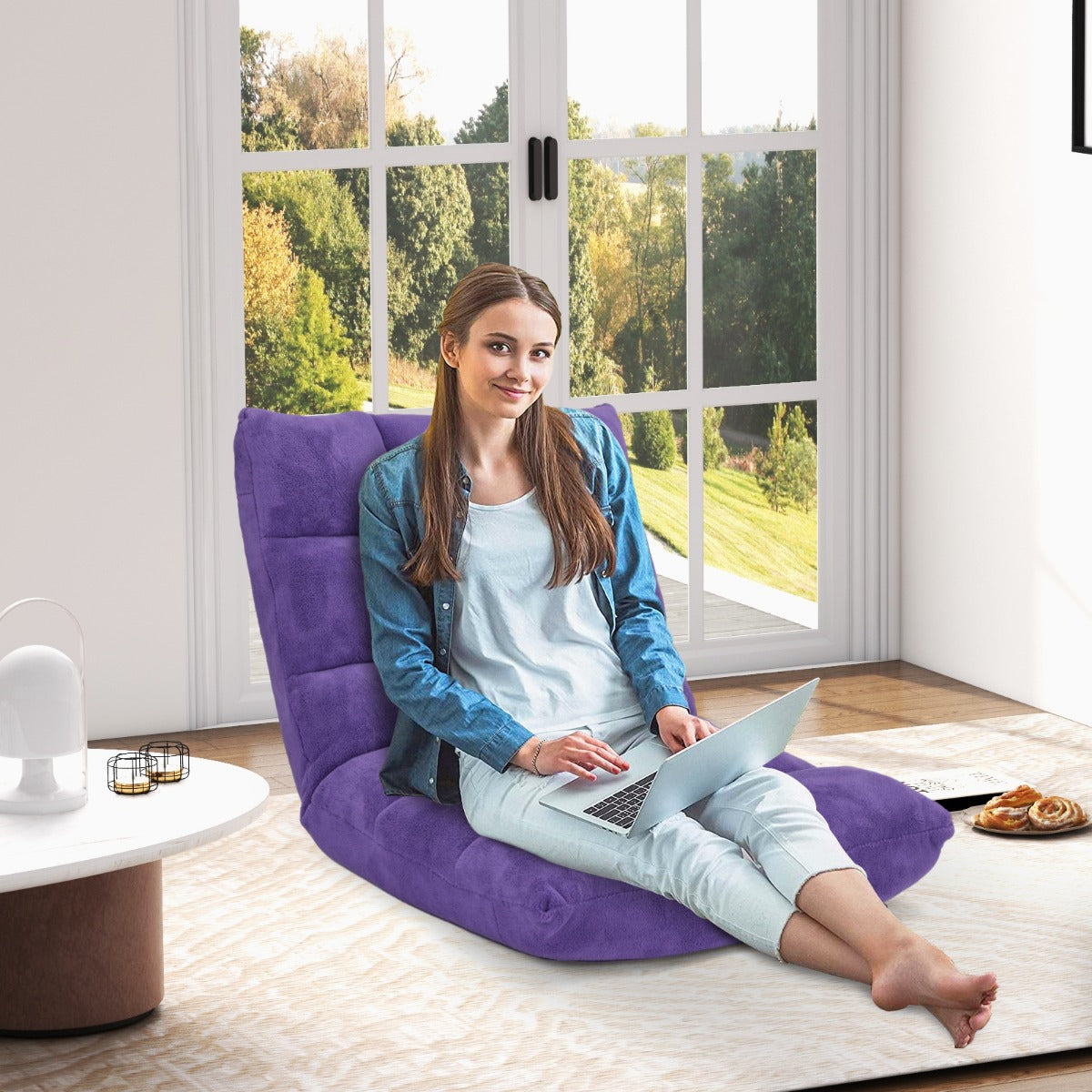 Sofá Perezoso Sofá Plegable Respaldo Ajustable 14 Posiciones Silla de Dormitorio Sala 105 x 56 x 15 cm Violeta