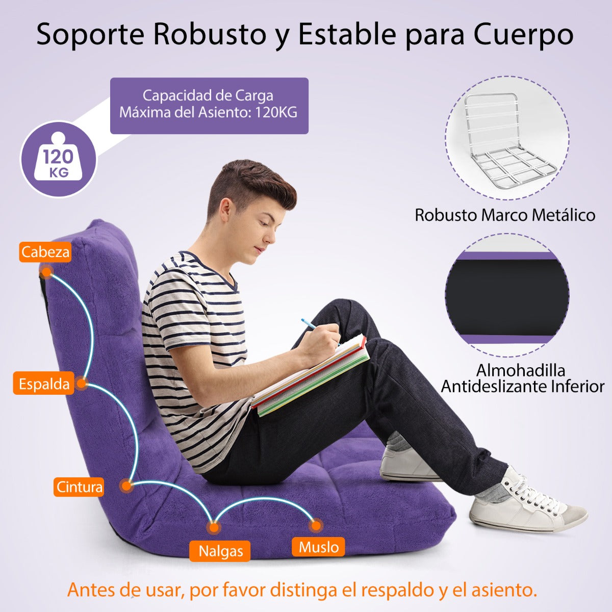 Sofá Perezoso Sofá Plegable Respaldo Ajustable 14 Posiciones Silla de Dormitorio Sala 105 x 56 x 15 cm Violeta