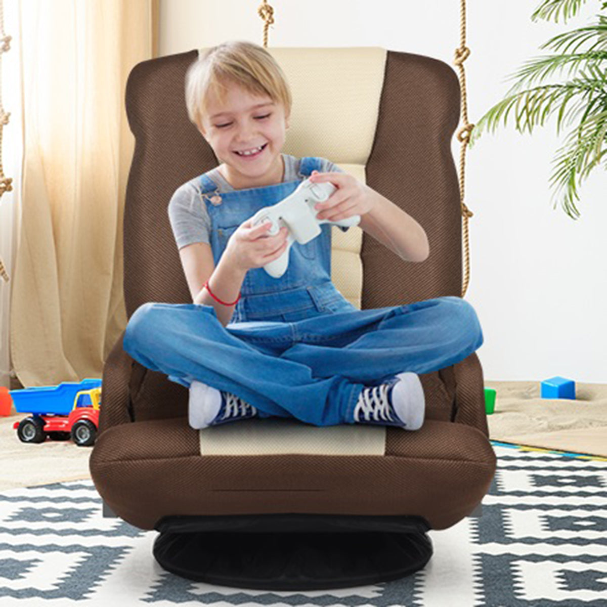 Sofá Silla Plegable de Suelo Regulable en 7 Posiciones con Base Giratoria a 360° y Reposabrazos Carga 150 kg 61-87 x 55 x 75 cm Marrón
