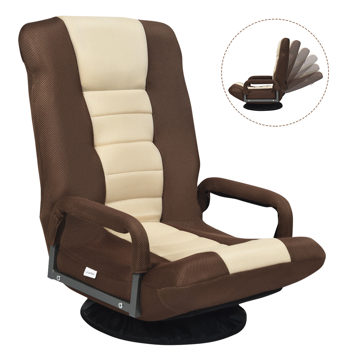 Sofá Silla Plegable de Suelo Regulable en 7 Posiciones con Base Giratoria a 360° y Reposabrazos Carga 150 kg 61-87 x 55 x 75 cm Marrón