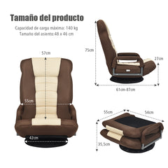 Sofá Silla Plegable de Suelo Regulable en 7 Posiciones con Base Giratoria a 360° y Reposabrazos Carga 150 kg 61-87 x 55 x 75 cm Marrón