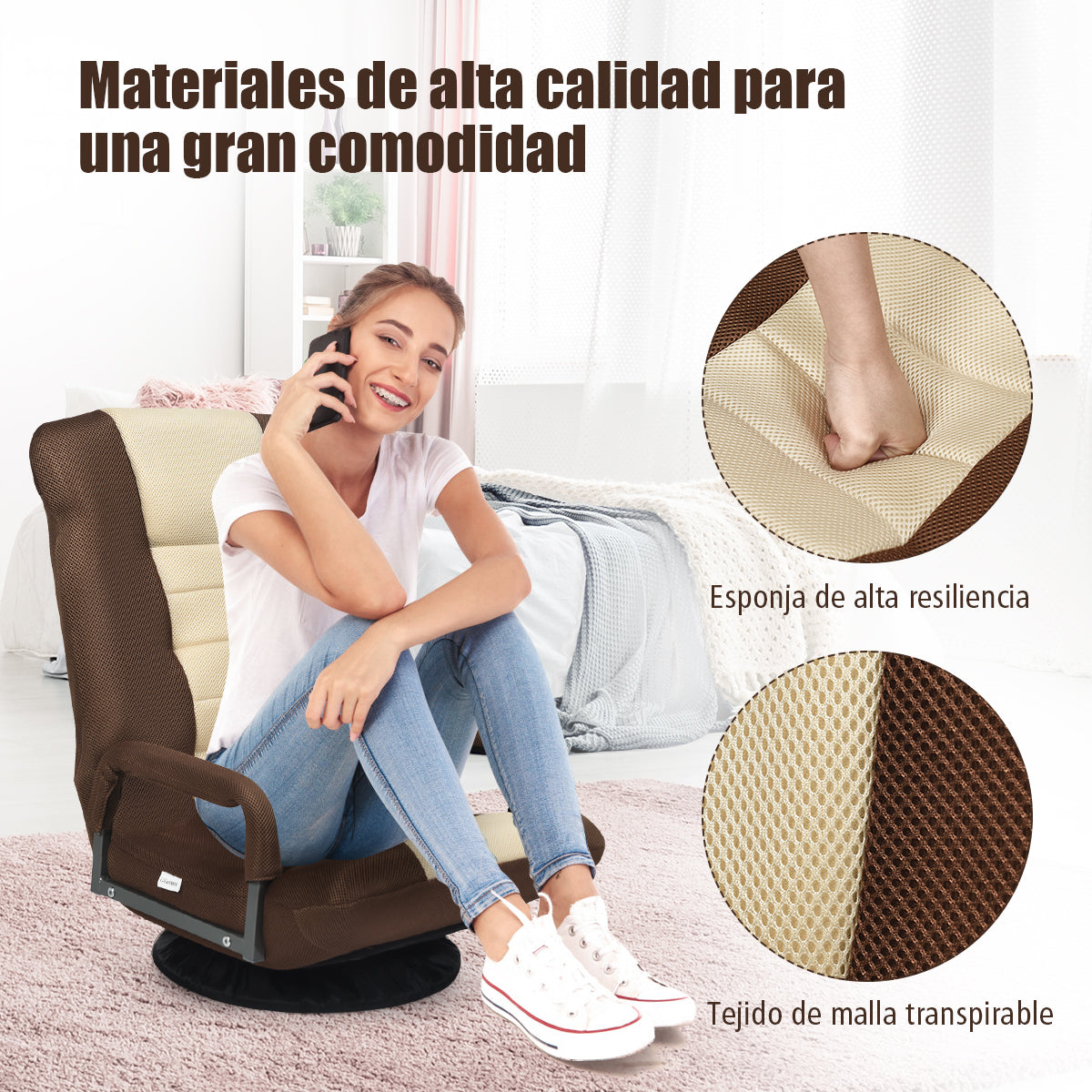 Sofá Silla Plegable de Suelo Regulable en 7 Posiciones con Base Giratoria a 360° y Reposabrazos Carga 150 kg 61-87 x 55 x 75 cm Marrón