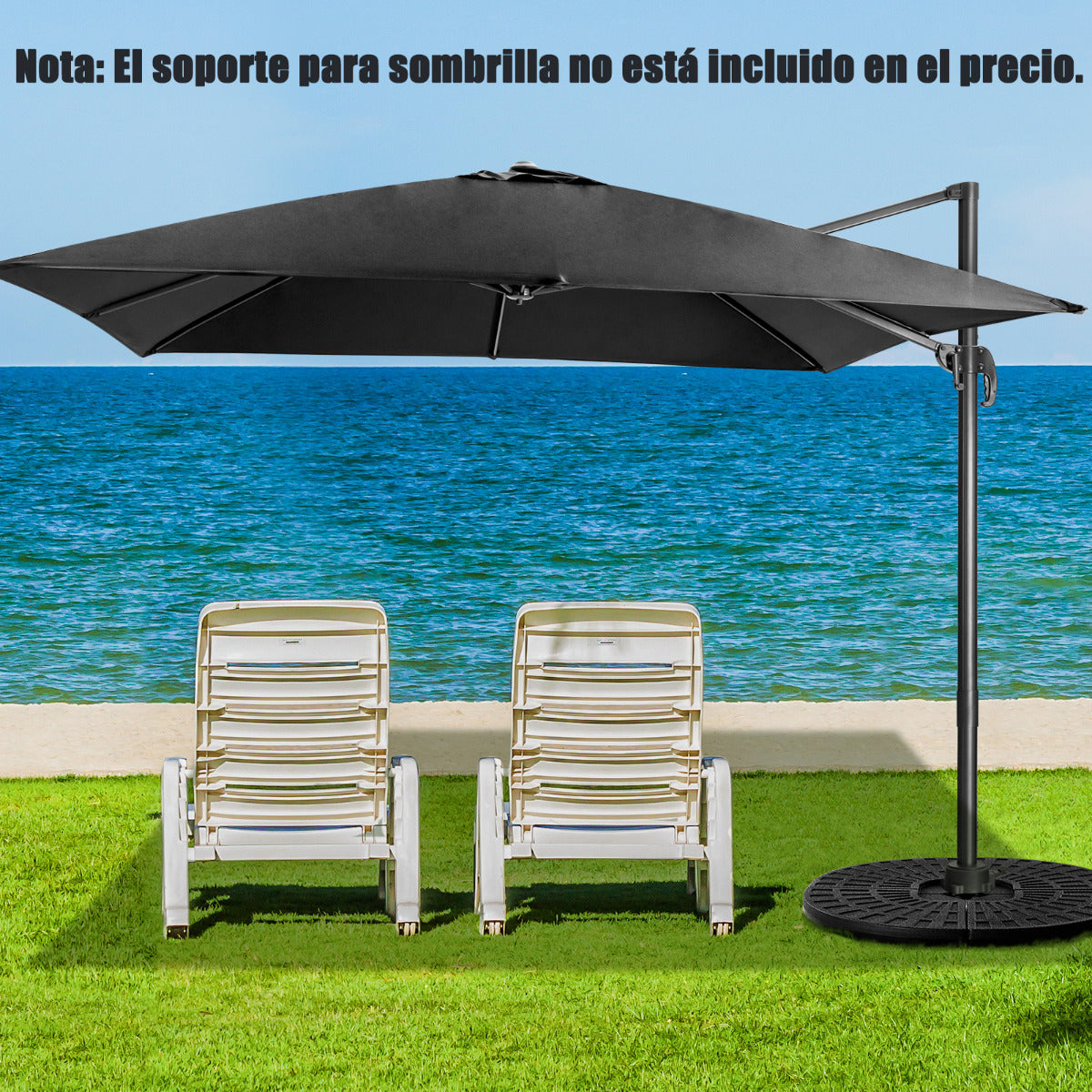 Sombrilla 300 cm para Patio con Manivela 3 Inclinaciones Rotación a 360° 8 Varillas Base Cruzada Parasol de Exterior Negro