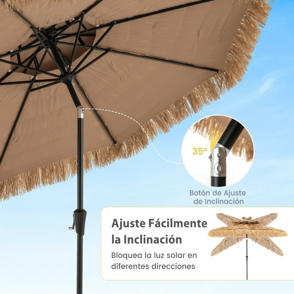 Sombrilla 247 cm de Estilo Hawaiano con 8 Varillas Tela Resistente al Sol y Paja Artificial Inclinación de 35°