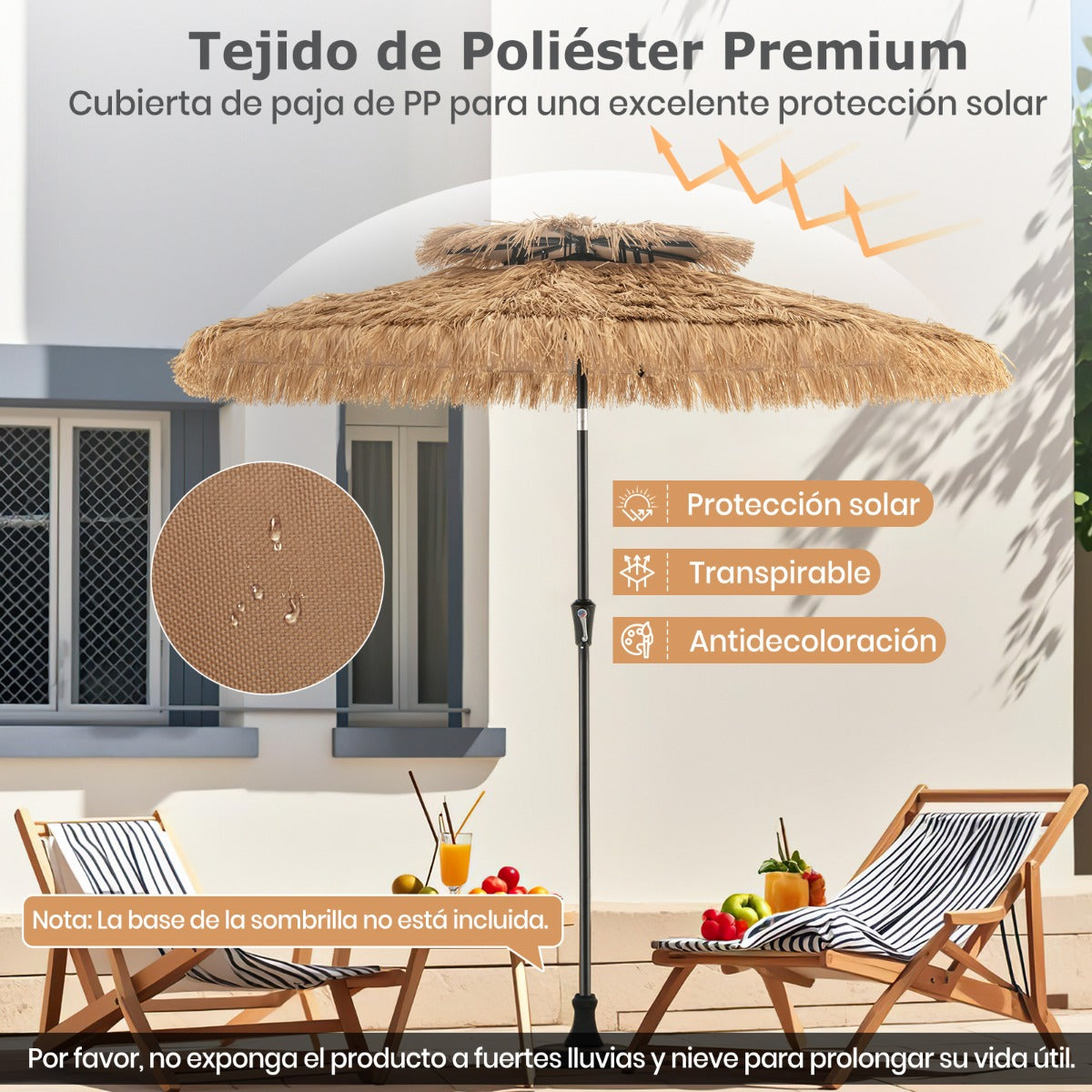 Sombrilla 247 cm de Estilo Hawaiano con 8 Varillas Tela Resistente al Sol y Paja Artificial Inclinación de 35°