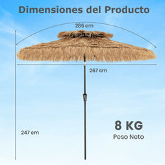 Sombrilla 247 cm de Estilo Hawaiano con 8 Varillas Tela Resistente al Sol y Paja Artificial Inclinación de 35°