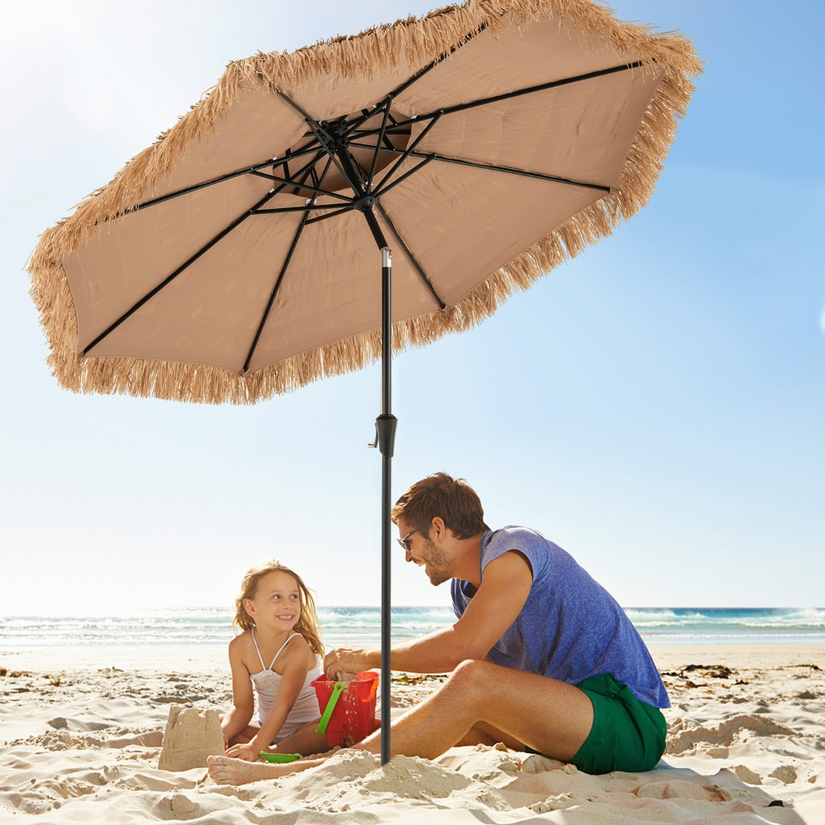 Sombrilla 247 cm de Estilo Hawaiano con 8 Varillas Tela Resistente al Sol y Paja Artificial Inclinación de 35°