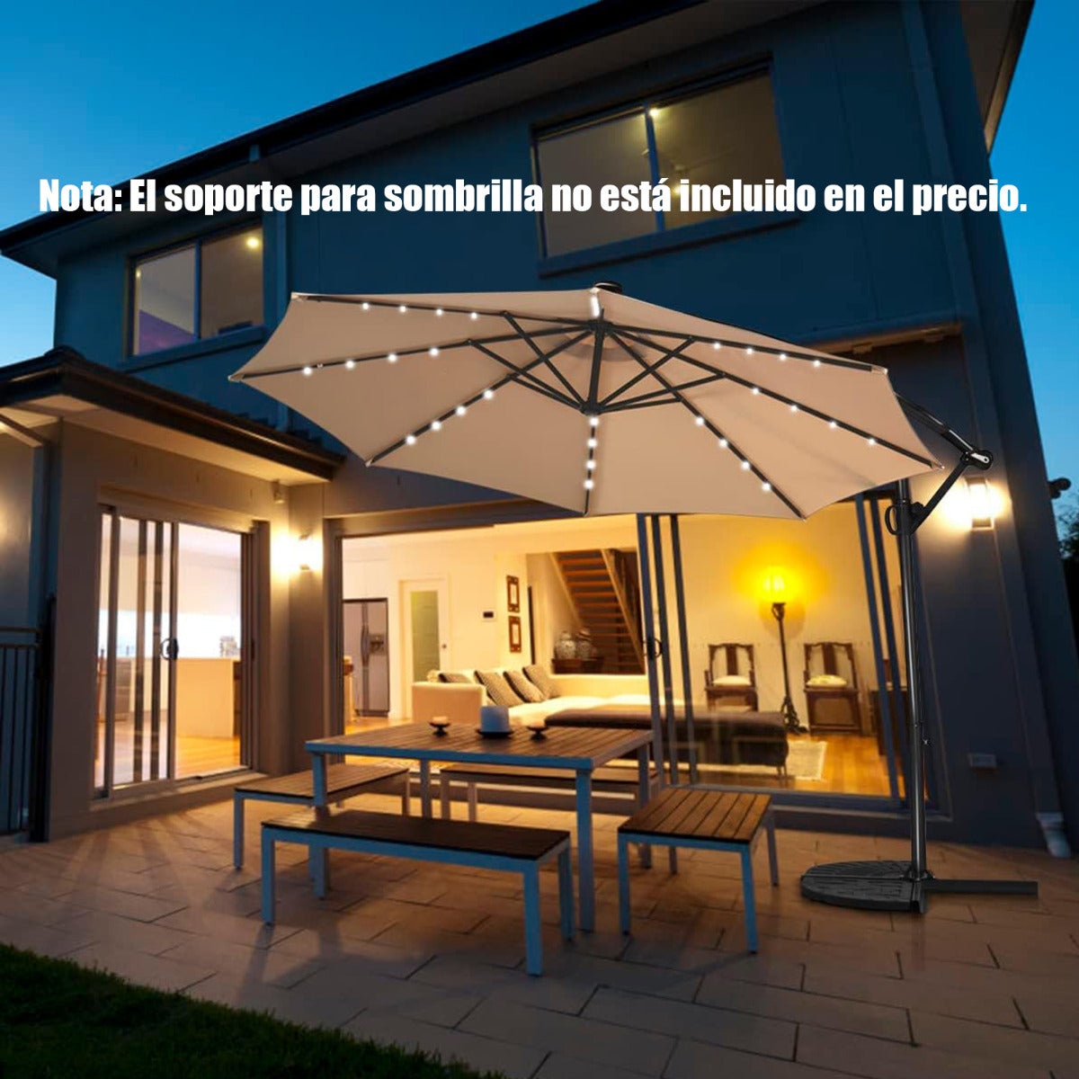 3m Sombrilla de Exterior Rotación de 360° con 32 Luces LED Fácil Ajuste de Inclinación Manivela Beige